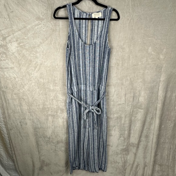 Cloth & Stone Jumpsuit Women Medium Blue Striped Linen Pants Sleeveless Resort